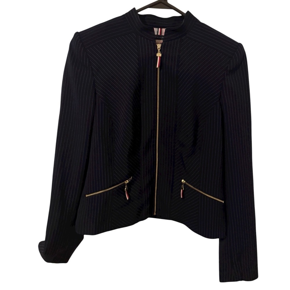 Tommy Hilfiger Jacket Women's Navy Long Sleeve Size 4 Navy Blue White Pin Stripe